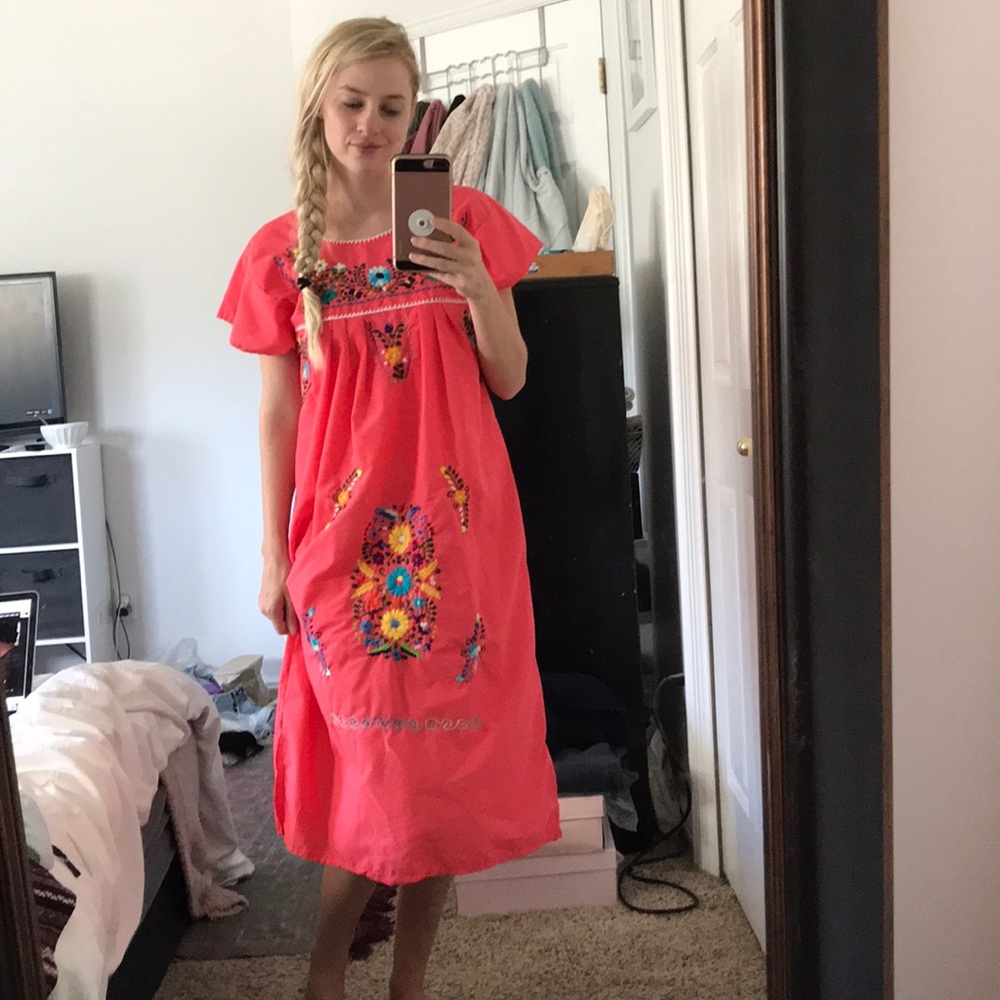 Pink floral embroidered midi dress